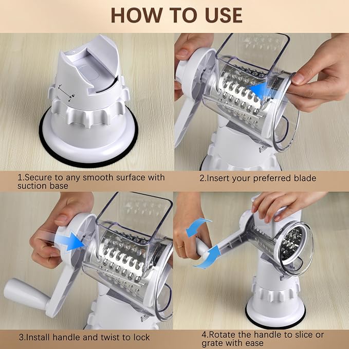 Rotary Cheese Grater Hand Crank, Vegetable Slicer with 3 Blades, Stable Suction, Labor-Saving Handle, Cheese Shredder for Potato Vegetables Nuts Chocolate, White