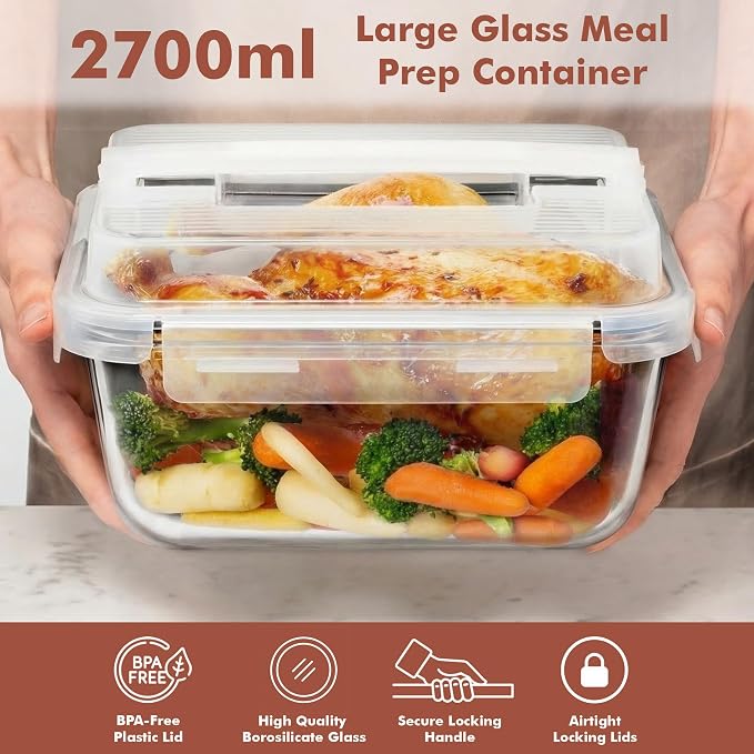 Razab 2700ml / 91Oz / 11.5 Cups Large Glass Food Storage Containers with Lids - Glass Meal Prep Containers for Roasting & Storing Leftover, Glass Lunch Container, Microwave & Oven Safe