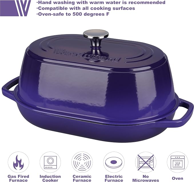 Enameled Cast Iron Dutch Oven Pot with Dome Lid, Oval Bread Oven for Homemade Sourdough Bread Baking, Oven Safe up to 500°F, 6 Quart, Purple