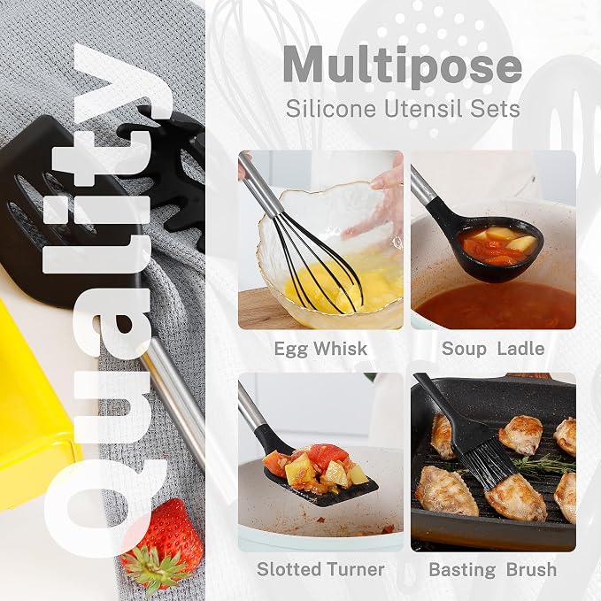 QMVESS Silicone Cooking Utensils Set, 28 Pcs Non-Stick Kitchen Utensils Set with Holder, 446°F Heat Resistant Spatula, Tongs, Spoons Set with Stainless Steel Handle Kitchen Gadgets (Black)
