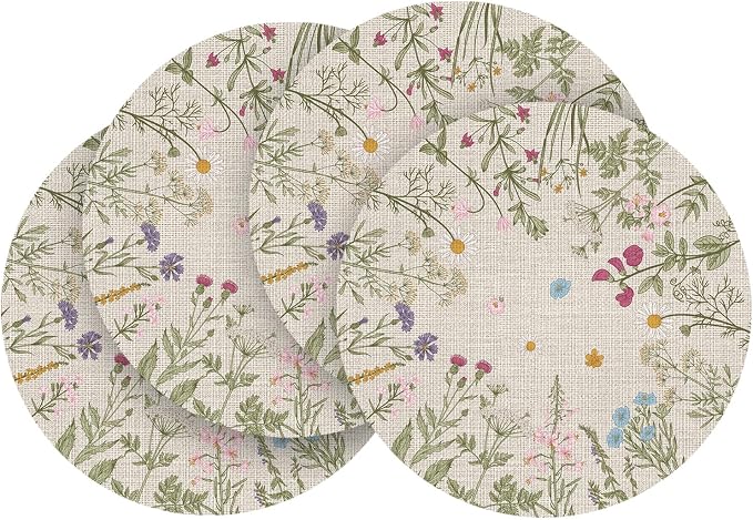 Artoid Mode Wildflower Vinyl Round Placemats Set of 4, 14 Inch Washable Non-Slip Platic PVC Table Mats for Party Kitchen Dining Decor