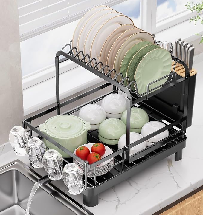 Runnatal 2-Tier Dish Drying Rack, Large Dish Drainers for Kitchen Counter | Anti-Rust Dish Rack with Drainboard, Utensil Holder, Extra Cup Holder, Black