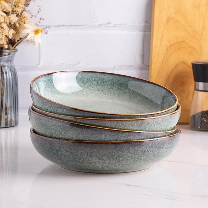 AmorArc 8.5’’ Ceramic Pasta Bowls Set of 6, 36oz Large Stoneware Bowls Set | Large Dinner Serving Bowls Set, Wide Bowl Plate for Pasta,Salad, Soup, Microwave Safe, Reactive Glaze-Ocean Blue
