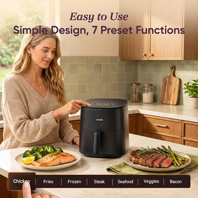 Cosori Air Fryer Pro LE 5 Qt, 9-in-1, Ceramic Coating, Shake Reminder, Grey | 7 presets with Reheat, Keep Warm, Max 450°F, 85% Less Oil, Touch control, LED glass panel, 130+ Chef-inspired Recipes, 1500W