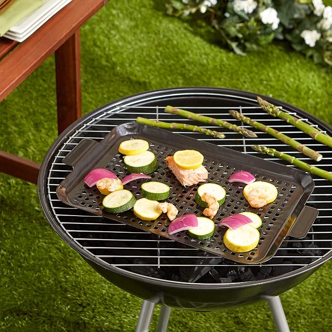 RSVP International Porcelain Coated Steel BBQ Grill Tray/Pan, Outdoor Barbeque Grilling Accessories for Cooking Fish & Vegetables, Dishwasher Safe, Medium, 16.75x10"