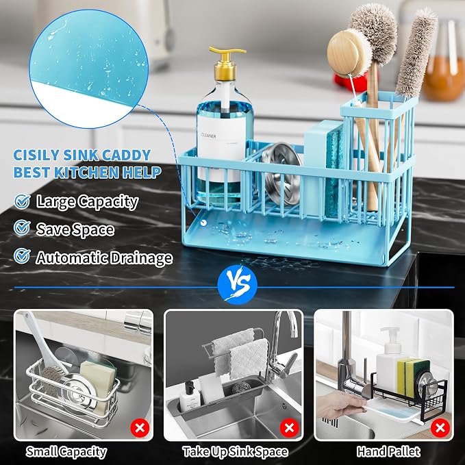 Cisily Blue Kitchen Sink Caddy Organzier with High Brush Holder, Sponge Holder for Sink, 304 Rustproof Stainless, Kitchen Countertop Soap Dispenser Organizer, Blue Home Decor and Accessories