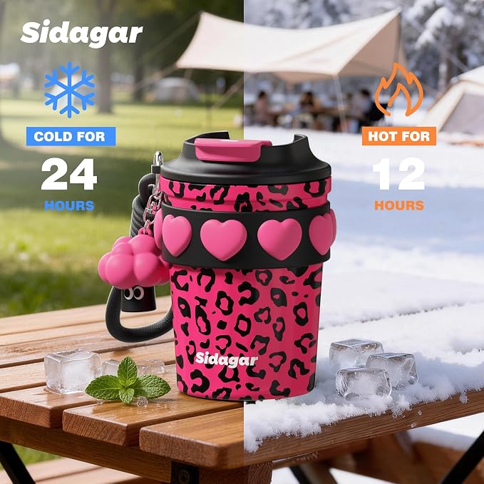 SDGA+ 12 oz Travel Coffee Mug Spill Proof Leak Proof, Stainless Steel Thermal Coffee Cup with Lid, Resuable Cup for Hot and Cold, Portable Tumbler for Women, Pink Leopard