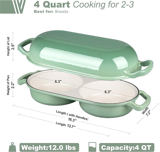 Enameled Cast Iron Double Dutch Oven with Lid, Dual Round Loaf Pan, Bread pan for Homemade Sourdough Bread Baking, Sage green