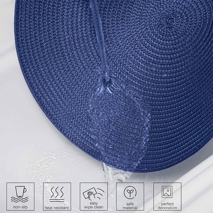 AHHFSMEI Round Placemats Set of 8 Heat Resistant Washable Non-Slip Woven Braided Table Mats for Dining Table Kitchen & Home Decor (Navy Blue,8)