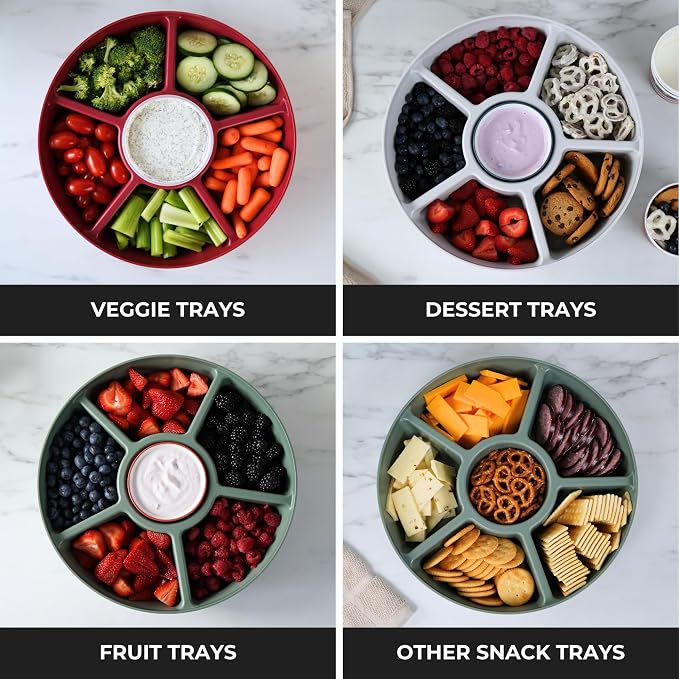 Heavy-Duty Divided Serving Tray with Leakproof Lid - 6 Divided Compartments to Serve & Store Food, Fruit Tray, Veggie Tray, Party Platters - Made In USA (Radiant Red/Clear Lid)