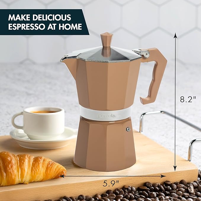 Primula Classic Moka Pot Stovetop Espresso and Coffee Maker, Italian and Cuban Cafetera for Rich Espresso Brewing, Durable Aluminum Greca Coffee Maker with Easy Grip Handle, 6-Cup, Caramel