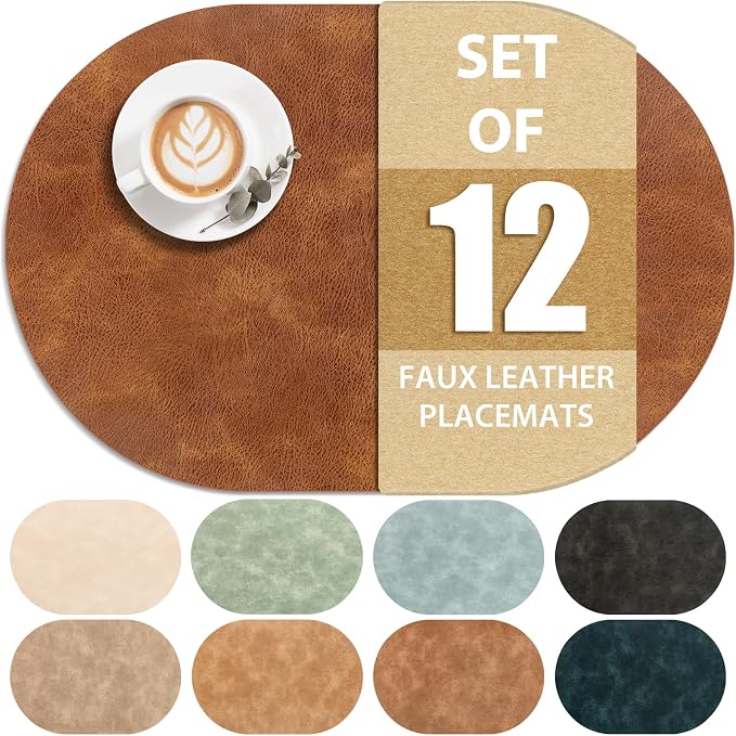 ADRIMER Placemats, Heat Resistant Oval Placemats Set of 12 Washable 12 x 17 Inch, Waterproof Table Mats, Wipeable Pu Place Mats for Kitchen, Dining Room, Turmeric Brown