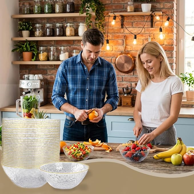 Rubtlamp 100 Pack Clear Disposable Bowls, Clear Plastic Bowls with Gold Rim, 12-16oz Premium Heavy Duty Plastic Hammered soup Bowls for Milk Cereals, Snacks, Salads