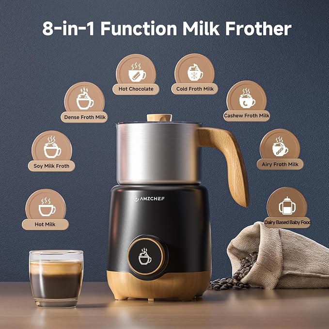 AMZCHEF 21 oz 8-in-1 Milk Frother, 550W Split Stainless Steel Automatic Steamer, Milk Warmer for Latte, Cappuccino, Hot Chocolate, Hot/Cold Froth, Heated Milk & Baby Food, Black