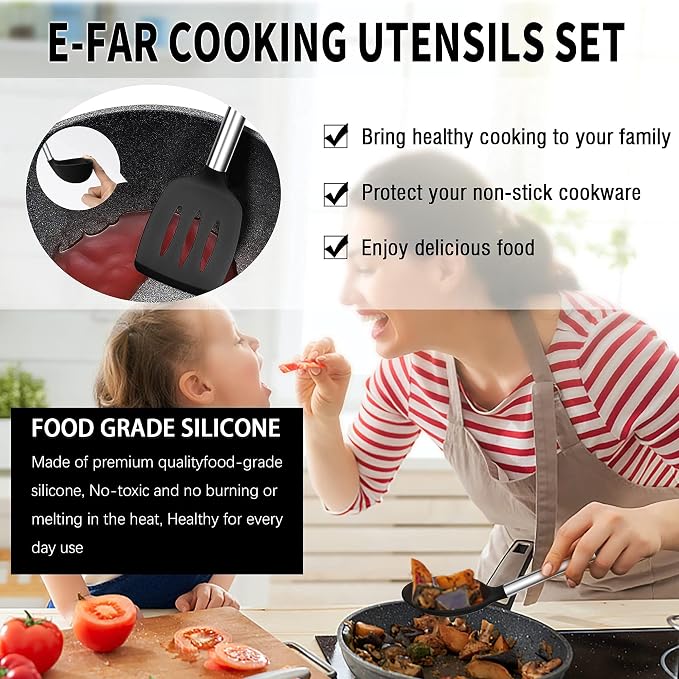E-far Kitchen Utensils Set, 14-Piece Black Silicone Cooking Utensils Set | Heat Resistant, Kitchen Tools Spatulas with Stainless Steel Handle, Non-stick Cookware with Holder, Dishwasher safe