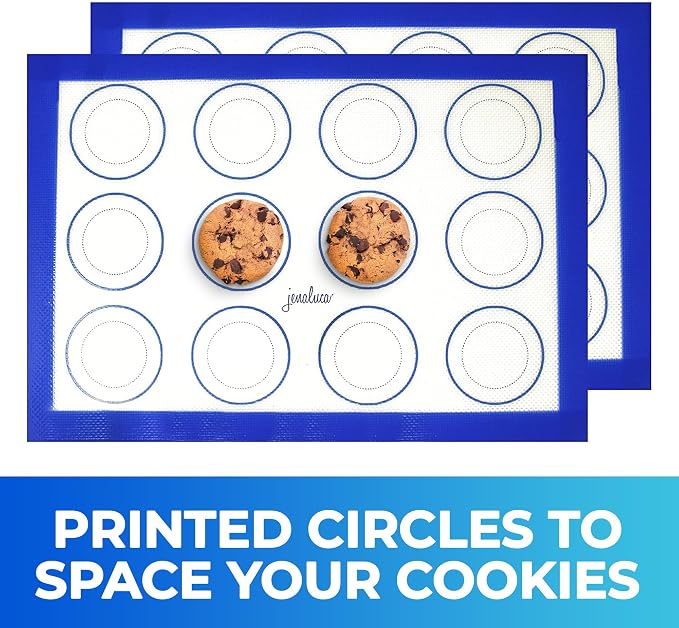 Silicone Baking & Cookie Mats 2 Pack, Non-Stick, 16.5 x 11.6 in | Food grade silicone liner with cookie measurements. Heat resistant to 480F, dishwasher safe, non-slip.