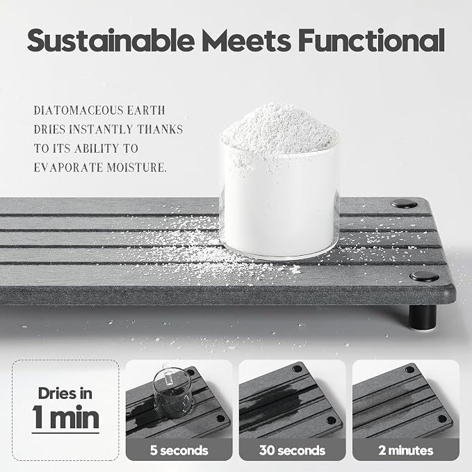 Instant Dry Sink Caddy Kitchen Sink Organizer, Quick Drying Stone Tray Diatomite Sponge Holder Soap Dish, Bathroom Countertop Fast Dry Water Absorbing Vanity Rack, Dark Gray,12" x 5"