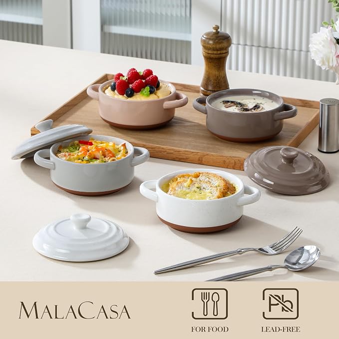 MALACASA 12 OZ Small Casserole Dishes for Oven, Mini Cocotte Set of 4 | Ramekins with Lids and Handles, Ceramic Mini Dutch Oven Set of 4, Single Serving, Oven, Dishwasher Safe, Multicolor