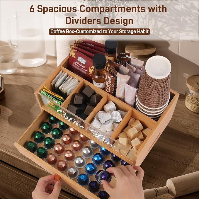 2-Tier Coffee Bar Organizer with Clear Acrylic Top, Built-in Drawer and Leather Handle Pull for Countertop, Stylish Coffee Station Storage Box for Accessories, Pods, Great Gifts for Home
