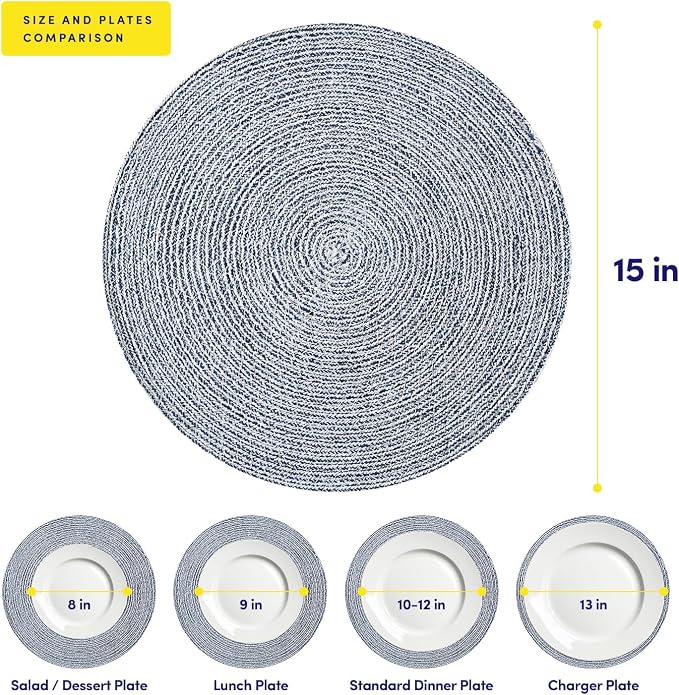 Round Placemats Set of 4-100% Cotton Two-Tone Placemat for Dining Table - Woven Braided Table Setting Place Mat - Washable Table Decor for Kitchen, Farmhouse, Rustic, Everyday Use, Navy