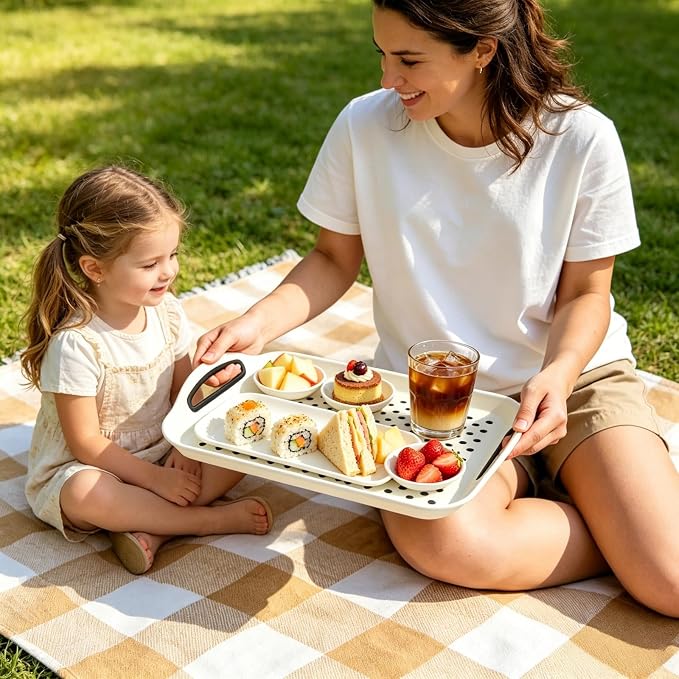 2 Pack Anti-Slip Serving Tray with Handles, 16" x 12", (Grey & White) | with Non Slip Food Tray with Surface Grippy Dots, Lap Tray for Eating on Couch, Breakfast Dinner Snack Fruit Tray