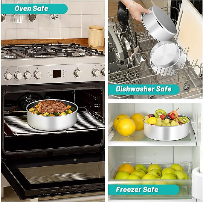 TeamFar 8 Inch Cake Pan, 8” x 3” Stainless Steel Round Baking Pan Set of 2 | Layer Cake Baking Tins for Wedding Birthday Party, Non-Toxic, Heavy Duty, Deep Straight Side, Mirror Finish, Dishwasher Safe