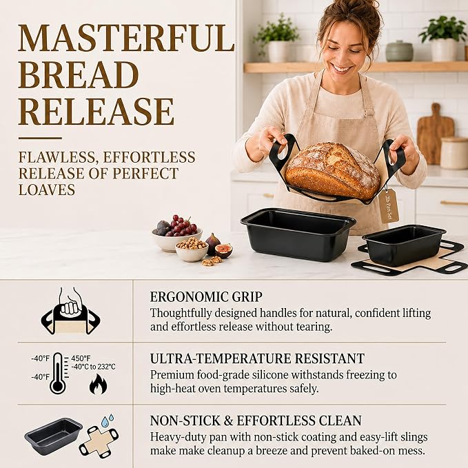 9x5 Loaf Pans for Baking Bread, 2-Pack Bread Loaf Pan Set with Silicone Bread Sling Liners, Nonstick Loaf Liners for Sourdough, Banana Bread, Homemade Bread