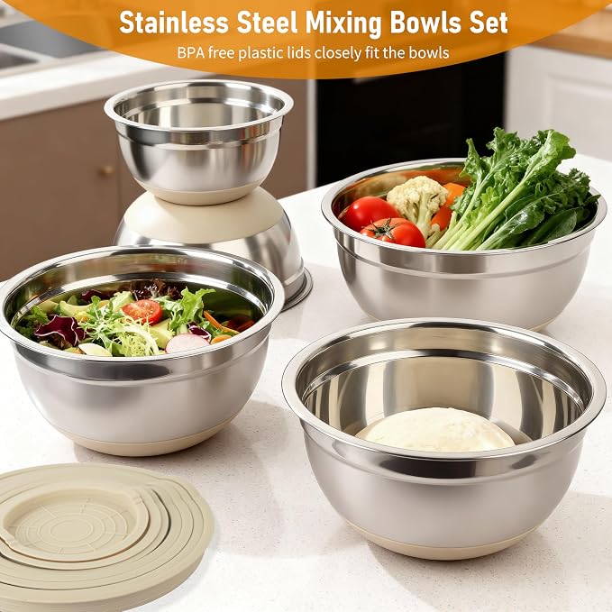 Mixing Bowls with Airtight Lids, 18pcs Stainless Steel Mixing Bowls Set | Nesting Non-slip Silicone Bowls Bottom, Size 4.5, 3.6, 2.7, 2.1, 1.7, 1.1, 0.7 qt, Fit for Mixing & Serving(Khaki)