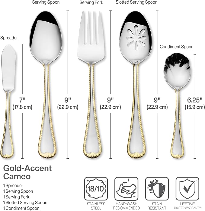 Mikasa Cameo Gold 65-Piece Flatware Set for 12, 18/10 Stainless Steel Silverware with 24-Karat Gold Accents, Teardrop Handles, Dishwasher Safe