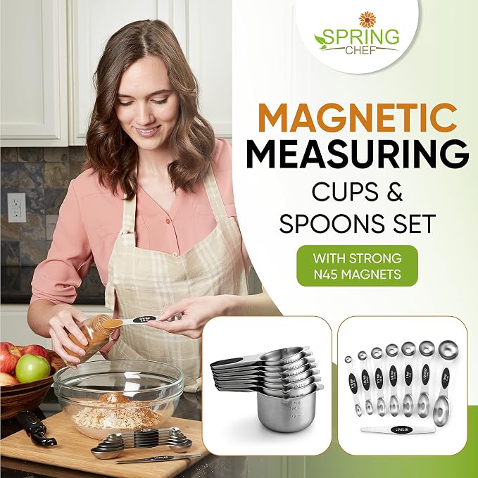 Spring Chef Magnetic Measuring Cups & Spoons Set of 16, Patented, Black | Stackable Stainless Steel Measuring Cups & Heavy Duty Metal Measuring Spoons with Levelers for Dry & Liquid Ingredients