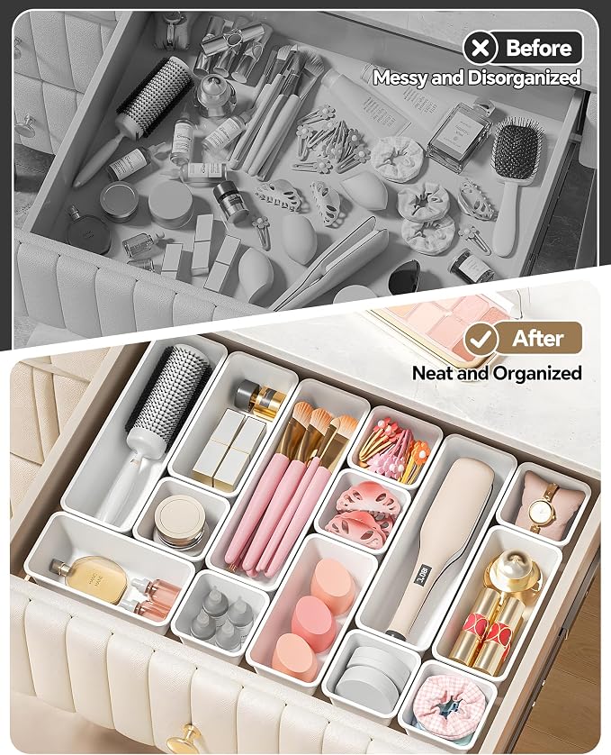 Canfanni 13 Pack Plastic Drawer Organizers Set, 3 Sizes Desk Drawer Organizer Trays for Vanity and Makeup Organizer, Organization and Storage for Makeup, Kitchen Utensils, Bathroom and Office(White)