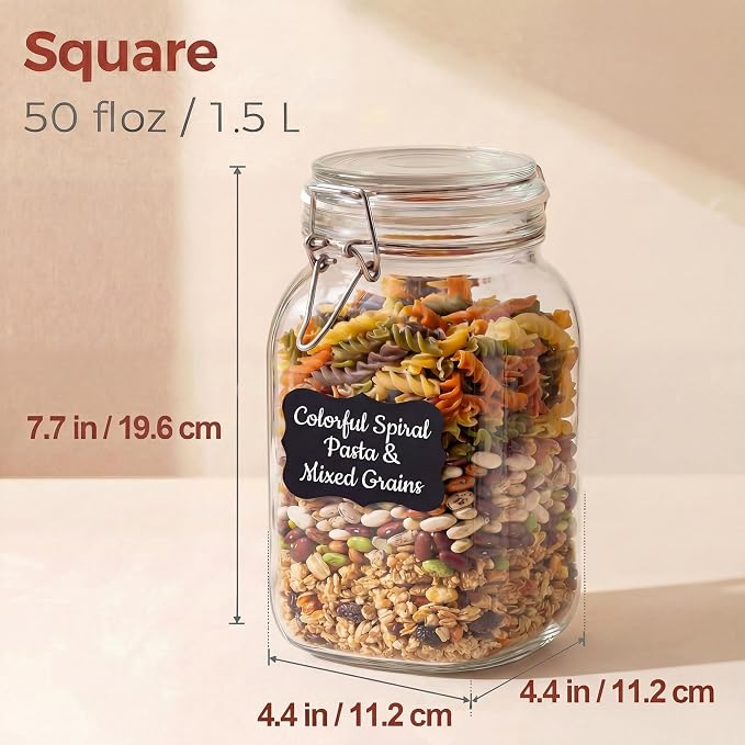 50oz Large Square Glass Jars with Airtight Lids, Wide Mouth Mason Jars 3P | Air Tight Glass Food Storage Containers with Lids Keep Food Dry & Fresh, Best Canister for Flour, Sugar, Cereal, Rice, Coffee