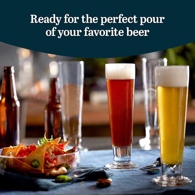 Libbey Stockholm Pilsner Beer Glasses Set of 4, 14.5oz, Tall, Slender Pint Glasses for Pilsner, Kolsch, Lager, and More, Unique Beer Gift Set