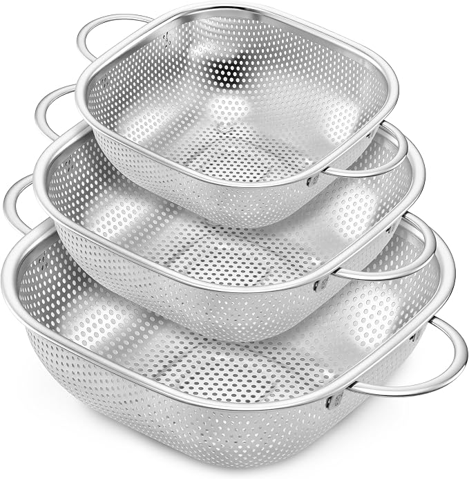 E-far Stainless Steel Colander Set of 3, Square Strainers and Colanders | Metal Kitchen Strainer with Handle for Draining Pasta Vegetable, Micro-Perforated & Elevated Feet, Dishwasher Safe(2.4/4/6QT)