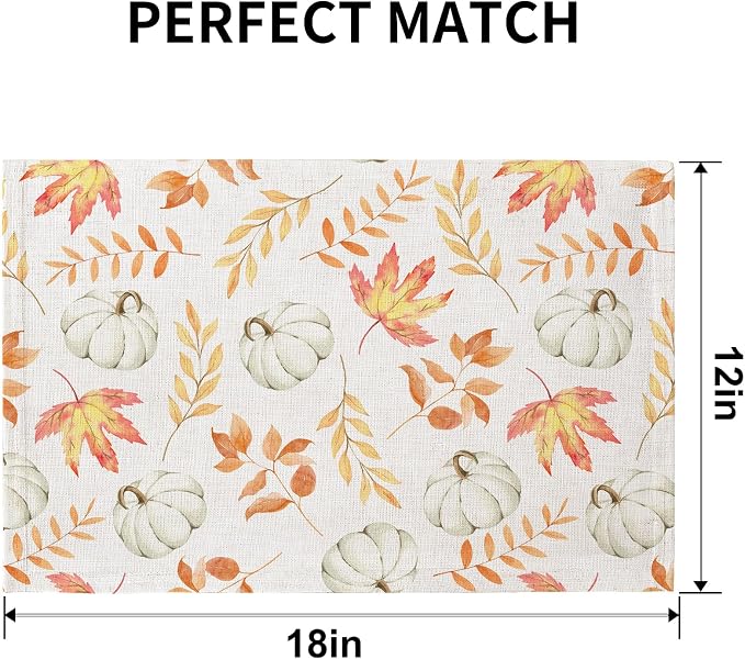 QIYI Boho Table Placemats Set of 6, 12"x18" Linen Place Mats, Maple Pumpkin | Fabric Place Mats for Kitchen Dinning, Farmhouse Rustic Cloth Table Mats, Washable Placemat Party Table Décor