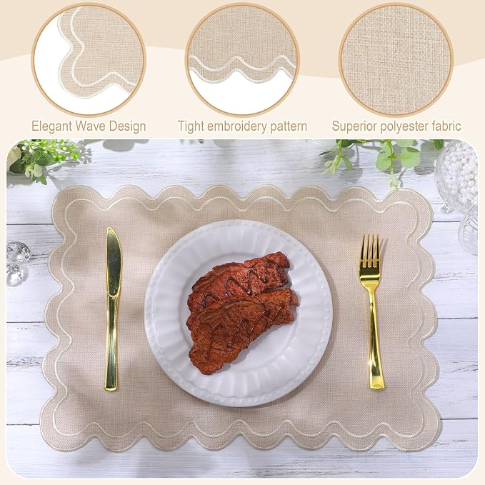 HunnmingRe Beige with Creamy White Set of 6 Cotton Linen Wedding Placemats, 13x19 Inch Scalloped Wavy Embroidery Placemat Double Layered Washable Rustic Rectangle Dinner Table Mat for Home Decor