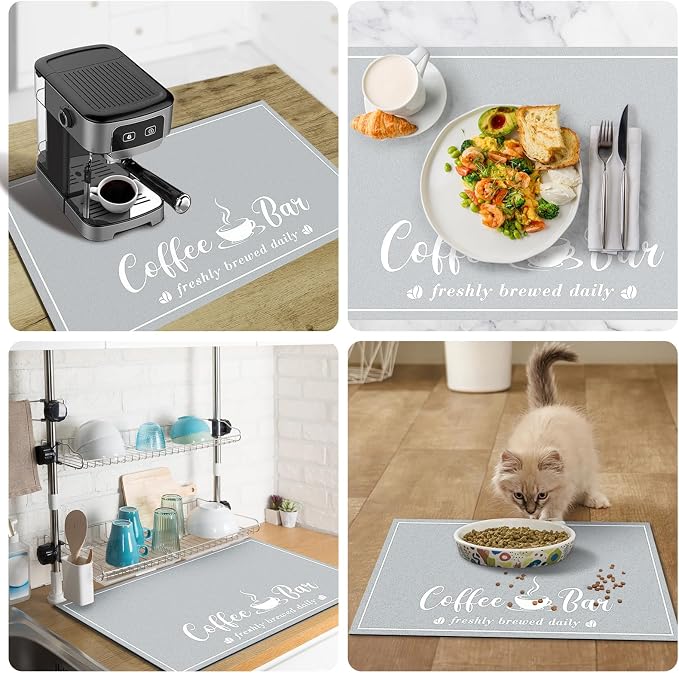 CooRug Fashion Coffee Mat, Dish Drying Mat 12" x 20" Light Grey | Hide Stain, Absorbent, Coffee Bar Accessories, Heat Resistant, Non-slip, Eco-friendly, Easy to Clean