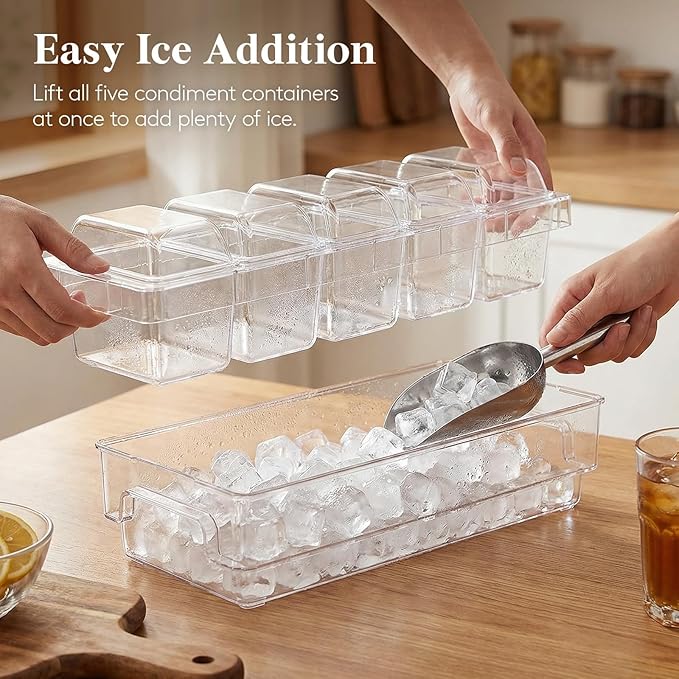 Lifewit Chilled Condiment Caddy with Stainless Steel Spoons & Tongs | Handle Design, BPA-free Condiment Server with 5 Removable Containers, Ice Garnish Tray for Taco, Mimosa & Dirty Soda Bar