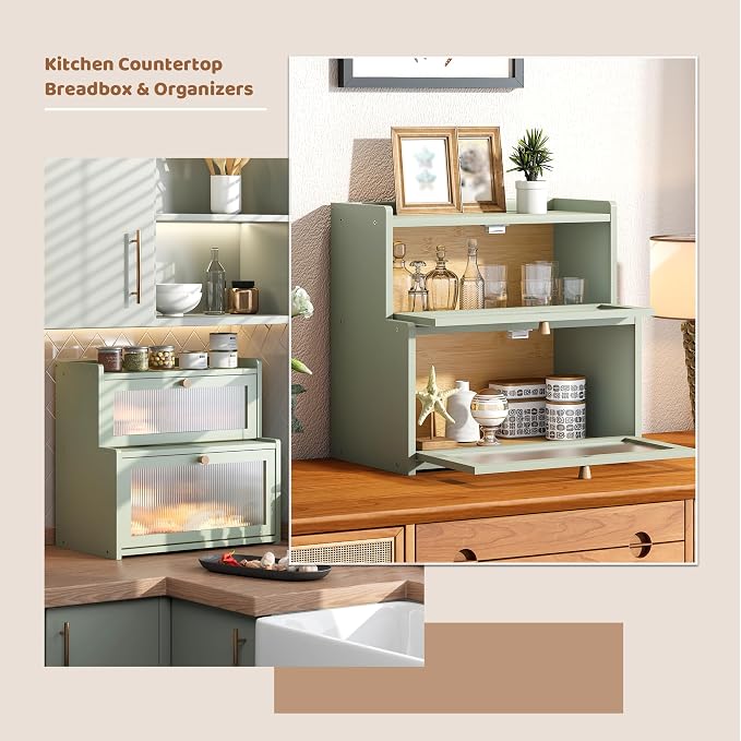 Bread Box for Kitchen Countertop Double Layer Large Corner Bread Box Capacity Bread Storage Bin Farmhouse Breadbox Container Organizer Cabinet Cupboard (Green)