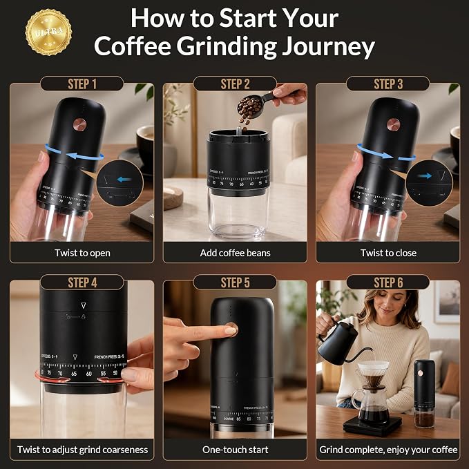 Portable Ultra High Speed Electric Burr Coffee Bean Grinder | SUS420 conical burr, 90 grind settings, 0.6mm precision, 50% faster grinding, Type-C fast charge, 1800mAh long battery life