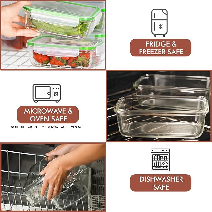 Razab 16 Pc (Set of 8) 30 Oz Glass Meal Prep Containers with Lids, Airtight Large Glass Food Storage Containers, Reusable Leak Proof BPA Free, Freezer to Oven and Dishwasher Safe