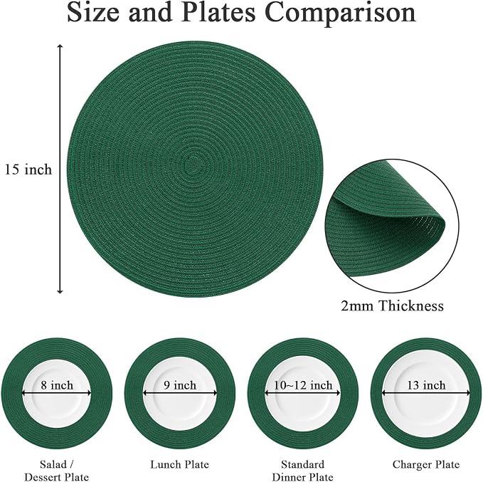 SHACOS Dark Green Round Placemats Set of 6 Cotton Polyester Braided 15 inch Washable Kitchen Dining Table Place Mats Christmas Table Mats for Home Wedding Party Decor