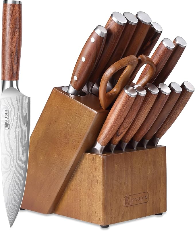 PAUDIN 16-Piece Kitchen Knife Set with Block, Built-in Sharpener, Ultra Sharp 5Cr15Mov Stainless Steel Chef Knives, Natural Wood Handles, Steak Knives, Scissors & Honing Rod, Complete Cutlery Set