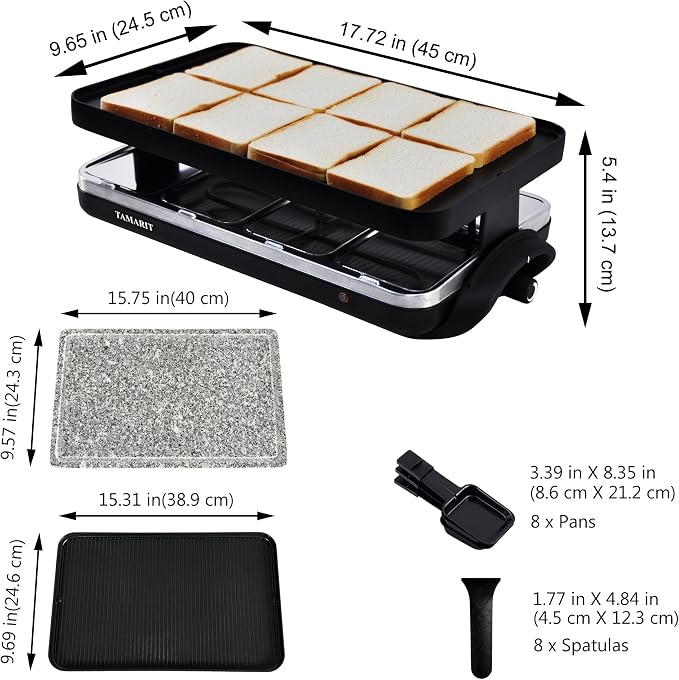 TAMARIT Raclette Grill with Extra Stone Plate, Indoor Electric Table Grill | Dual grill: reversible cast Aluminum plate and granite stone plate, 8 nonstick cheese trays, 1500W, for family parties