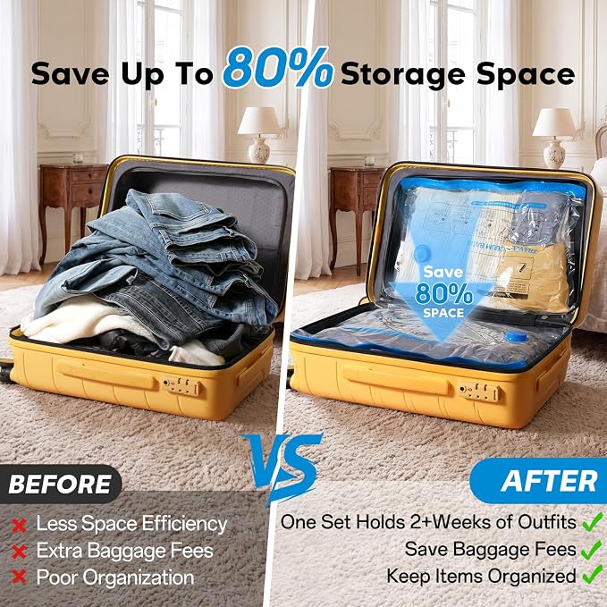 15 Pack Vacuum Storage Bags for Travel with Rechargeable Cordless Pump, Space Saver Bags for Clothes, Compression Packing Bags for Luggage and Suitcase,Blue