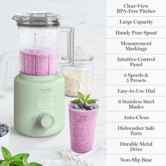 Martha Stewart 50oz Countertop Blender, 3 Speeds, 5 Presets, Honeydew Sage | BPA-Free Pitcher, Smoothies, Margaritas, Milkshakes & Ice Crushing, Stainless Steel Blades, Auto-Clean, Dishwasher-Safe Parts