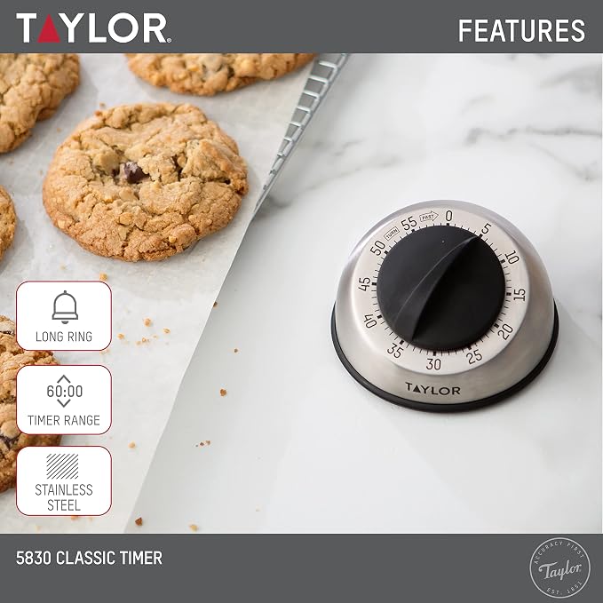 Taylor Mechanical Timer, Countdown with Easy-Turn Dial and Loud Ring Alarm, Compact Tool for Cooking, Baking, Classroom Activities, Homework, Studying, Projects, Stainless Steel