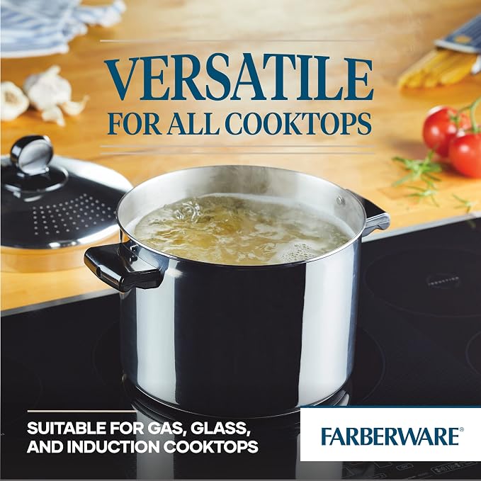 Farberware Classic Series Stainless Steel Stockpot, Pasta Pot with Strainer Lid, 8-Quart