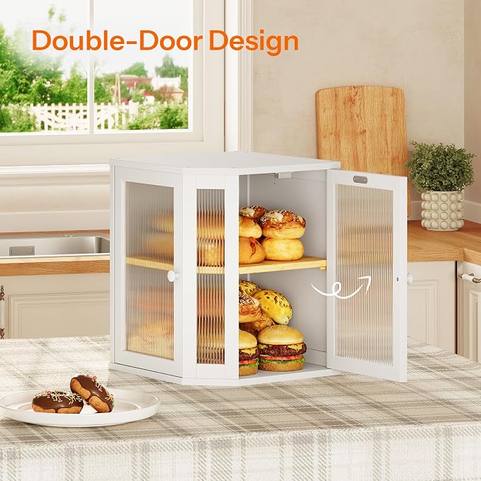 HOOBRO Bread Box, Bamboo Bread Box for Kitchen Countertop, 2-Tier Corner Bread Box, Large Capacity Bread Bin, Food Storage Box, Bread Storage Container for Kitchen, Dining Room, White WT12MB01