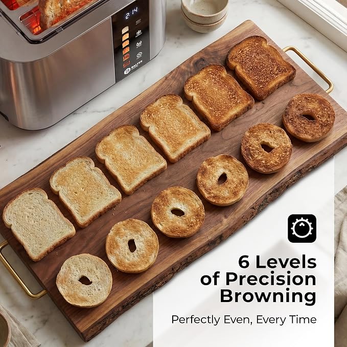 Balter Toaster 2 Slice, Bagel Function, Stainless Steel, Touch Screen, Built-in Rack, Extra-Wide 1.5" Slots for Thick Breads & Bagel, Timer, BPA-Free, Removable Tray